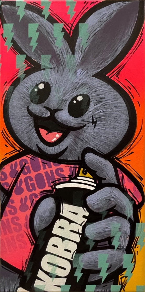 A smiling gray rabbit grips a spray can against a vivid pink-and-orange background.