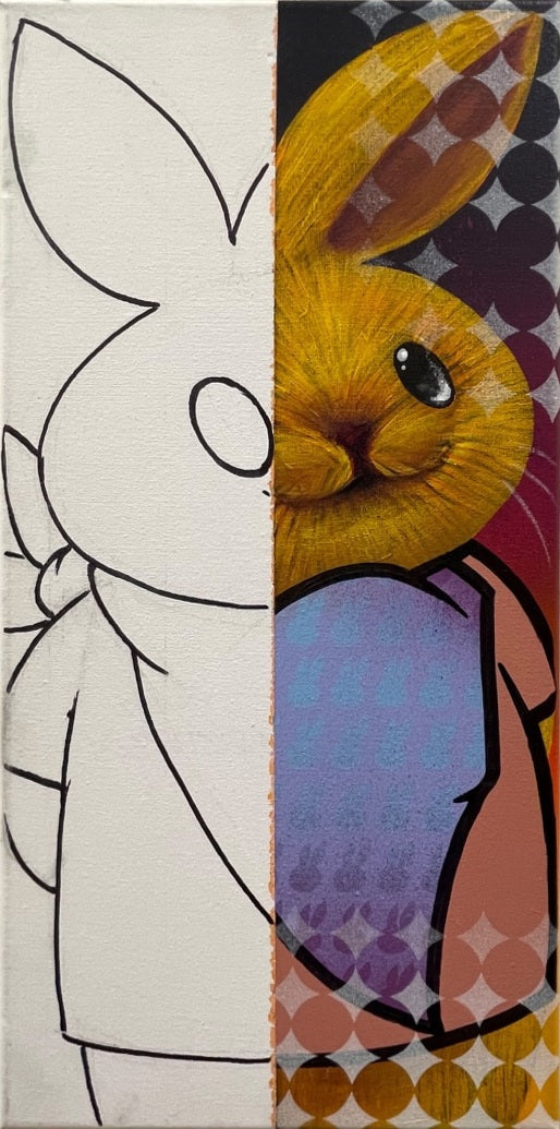 A rabbit portrait shifts from spare black outlines on white to rich golden fur, pastel clothing, and layered geometric patterns.