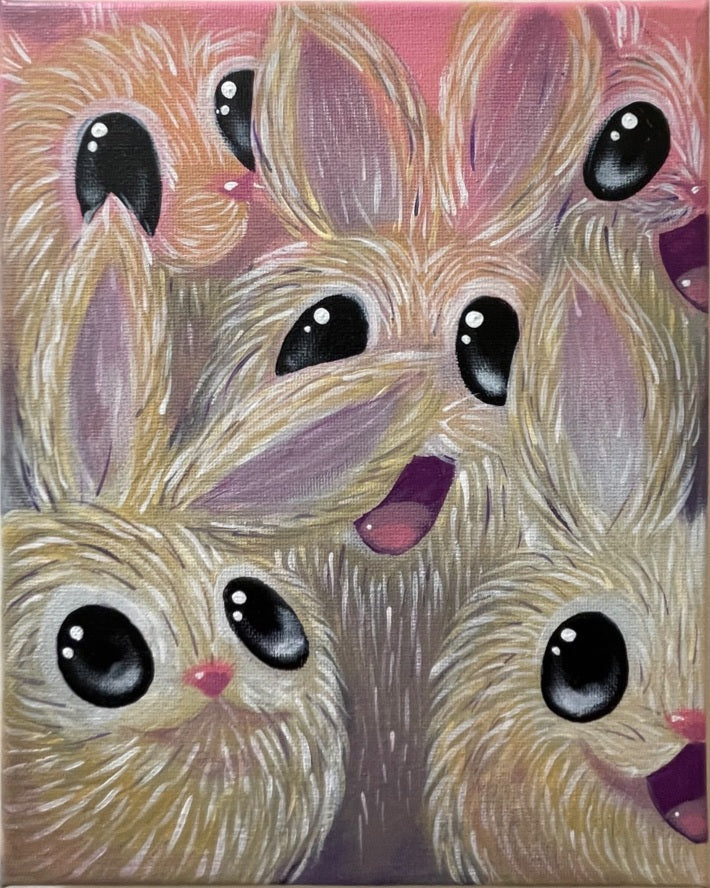 A crowd of wide-eyed rabbits fills a pink field, with fine cream-colored fur strokes and soft lavender accents.