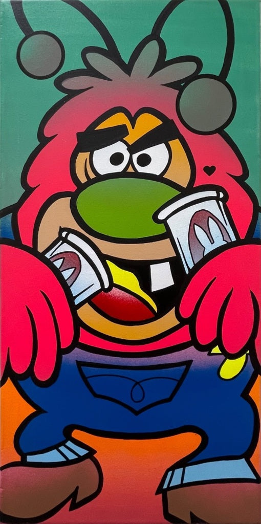 A wild-eyed, red-haired cartoon character holds two cups against green and orange fields.