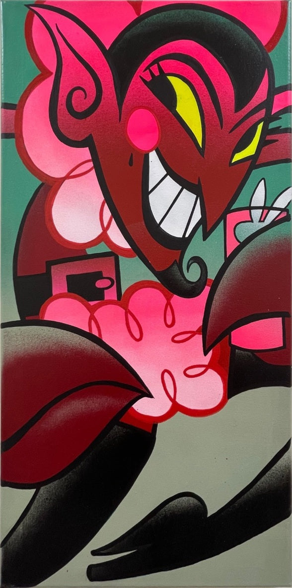 A sharp-toothed grin, sweeping black shapes, and vivid pink accents bring a mischievous character to life against a muted green ground.