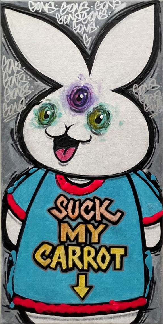 A three-eyed white rabbit wears a turquoise shirt with an unapologetic slogan, surrounded by layers of graffiti-style marks.