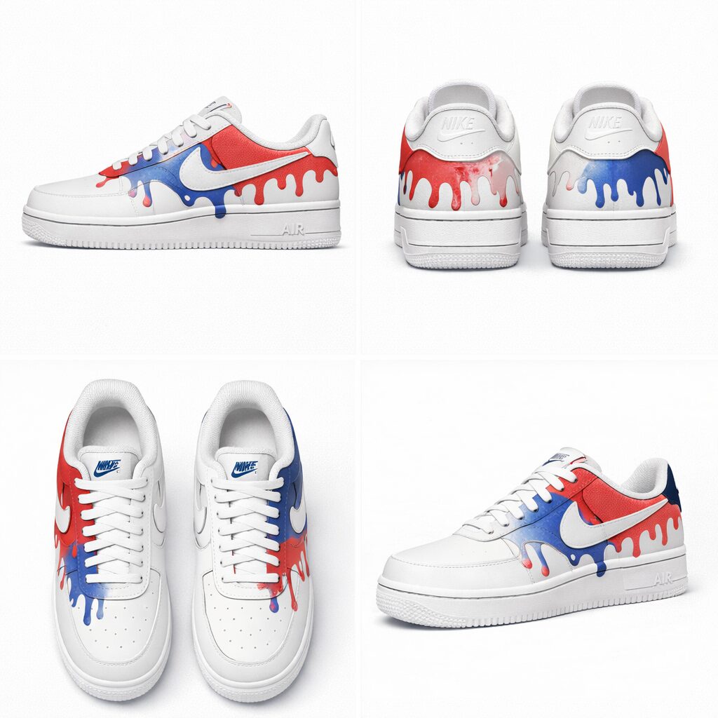 Finished red white and blue custom sneakers designed at Kick Art Workshop Miami